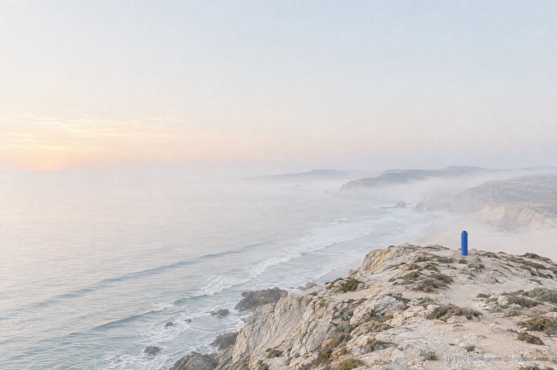 A pale coastline at dawn with a single cobalt survey marker standing on a chalk headland above a calm sea.