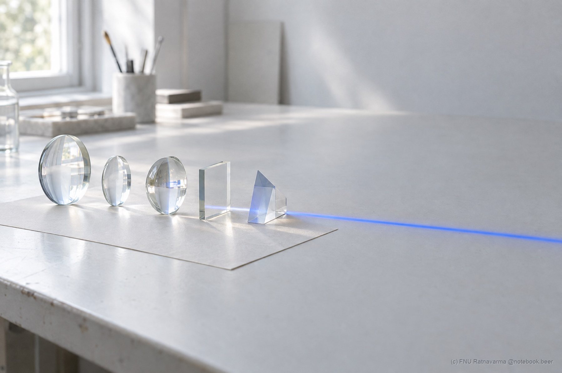 A white bench holding a row of glass lenses and a prism, with one cobalt beam of light passing through them.