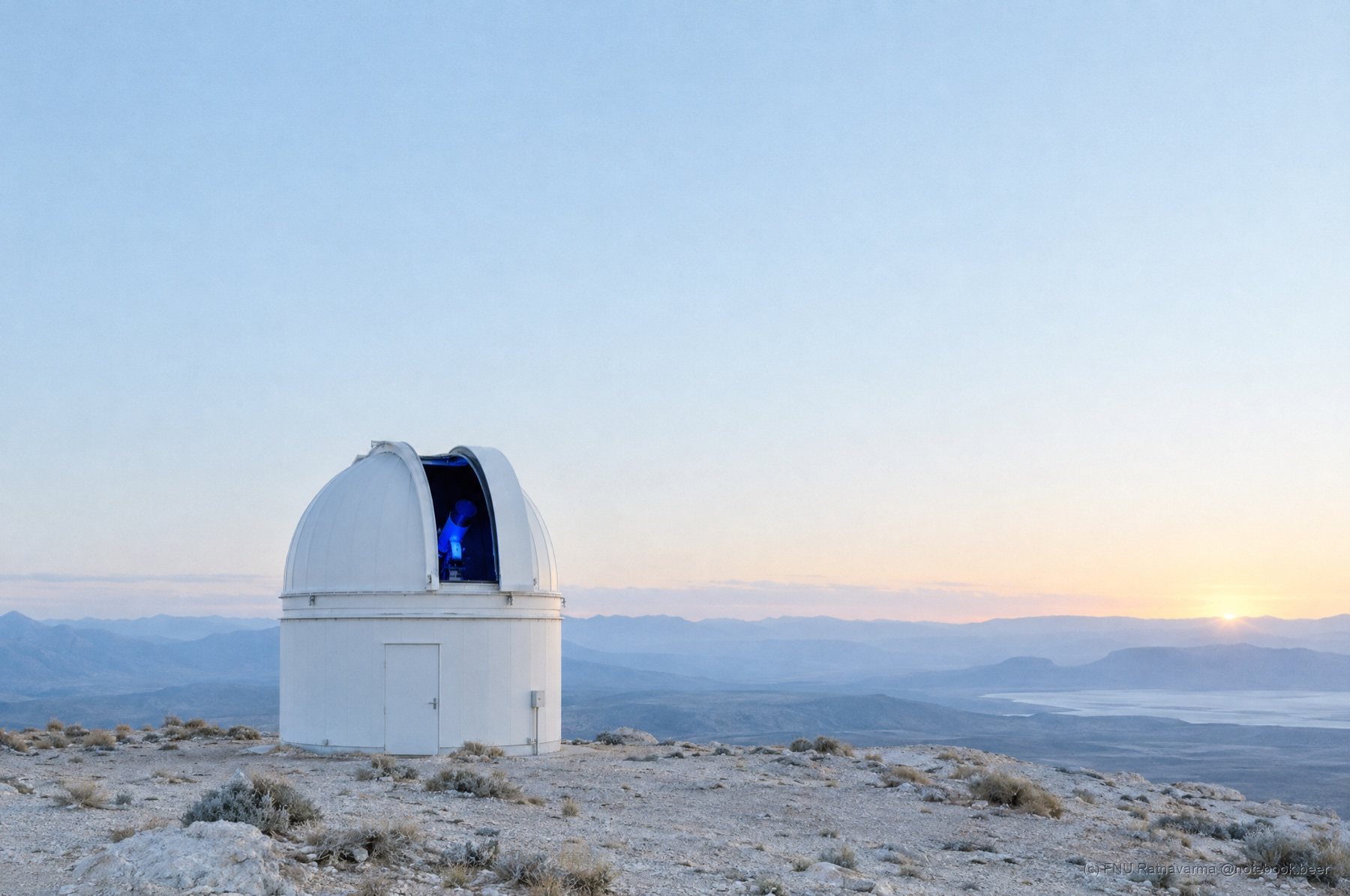 A small white observatory dome on a bare plateau at sunrise, its slit open on a cobalt glow.