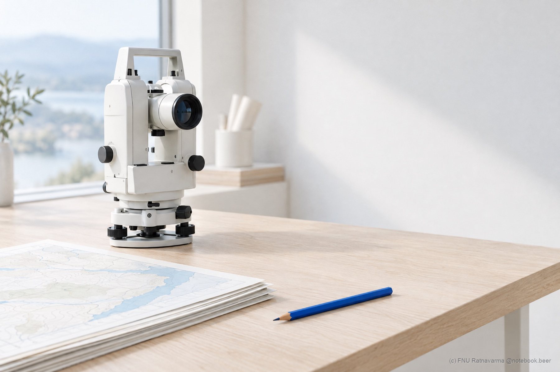 A survey office desk with a white theodolite, an open chart and a cobalt pencil in warm light.