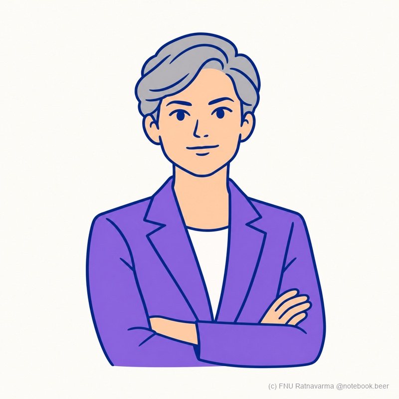Illustration of My CIO, a grey-haired person in a purple jacket with arms folded.