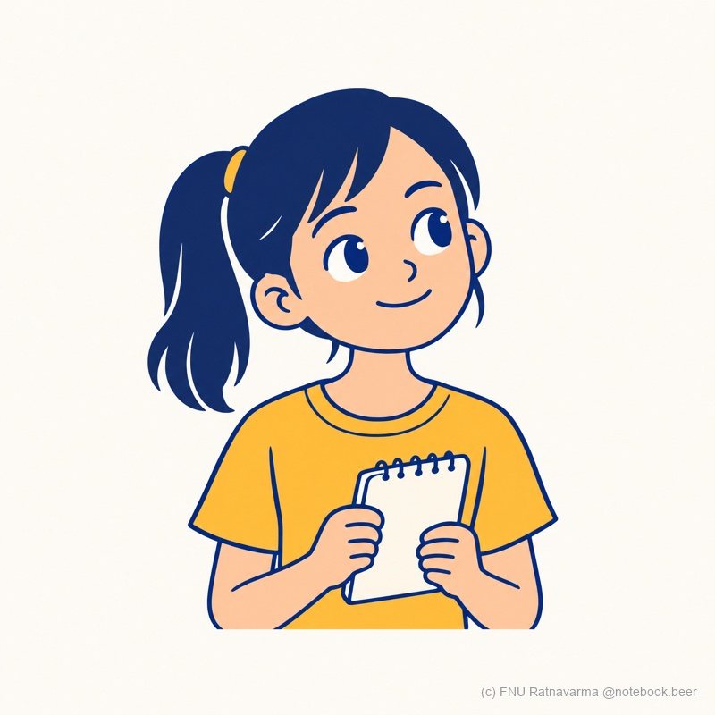 Illustration of Sonu, a ten-year-old girl with a dark ponytail in a yellow shirt, holding a small notepad.